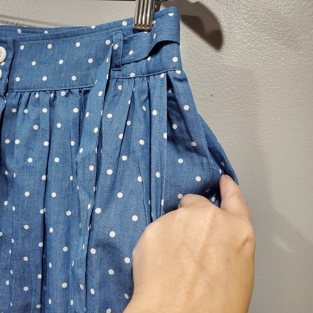Mod Cloth Women's Blue White Polka Dot Chambray Skirt Button Pocket Casual Sz M - Picture 5 of 11